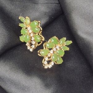 Vintage Cabochon Faux Jade and Cubic Zirconia Earrings in Gold Tone Setting